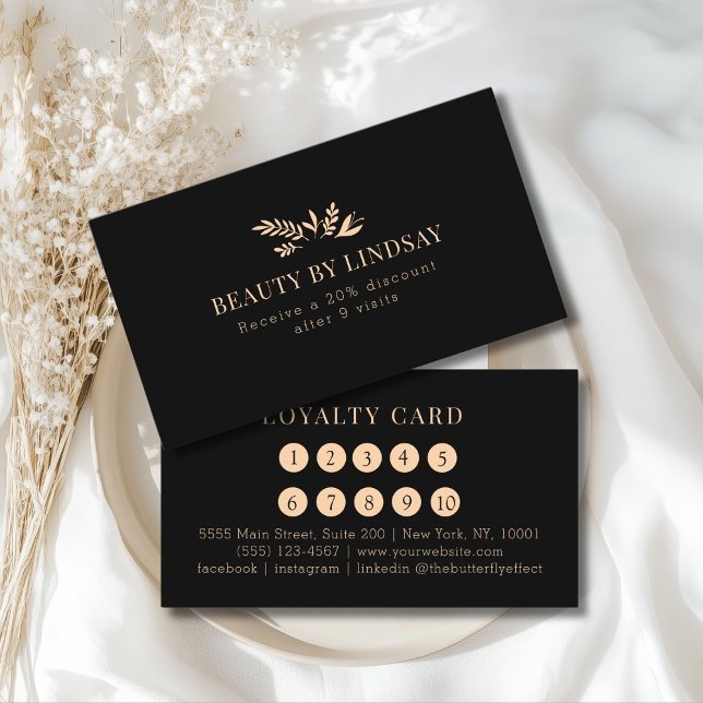 Minimal Black Botanical Salon Loyalty Business Card (Minimal Black Botanical Custom Salon Loyalty Business Card)