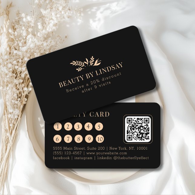 Minimal Black Botanical Salon QR-Code Loyalty Business Card (Minimal Black Botanical Salon QR-Code Loyalty Business Card)