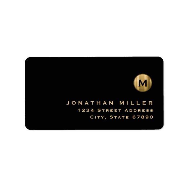 Minimal Black Brushed Gold Monogram Return Address Label (Front)