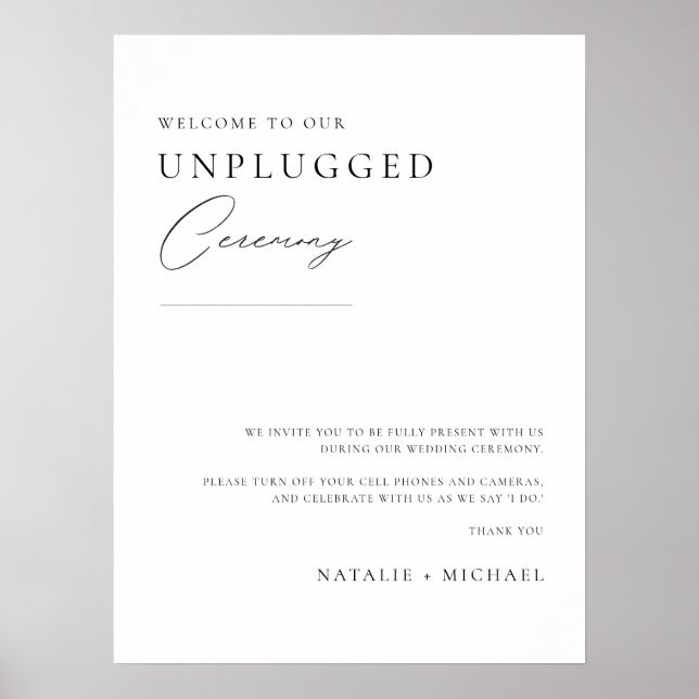 Minimal Black Calligraphy Unplugged Ceremony Sign (Front)