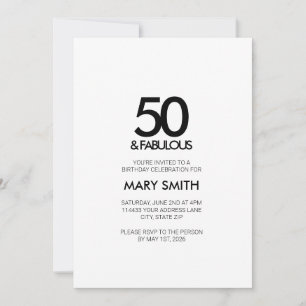 Minimal Black Fifty and Fabulous 50th Birthday Invitation