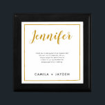 Minimal Black Gold Border Bridesmaid Proposal Box<br><div class="desc">This elegant bridesmaid proposal box is the perfect way to show your appreciation for your bridesmaids. The box features a white background with a calligraphy font on the cover with your bridesmaids name in gold lettering. At the centre is a short message thanking her for being a part of your...</div>