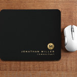 Minimal Black Gold Brushed Metal Monogram Mouse Mat<br><div class="desc">Minimalist monogram design with brushed metal gold monogram medallion; masculine classic block typopgrahy with personalised name and title below on a simple black background. Personalise for your custom use.</div>
