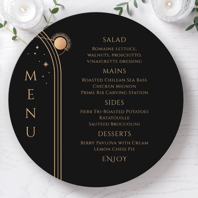 Minimal Black Gold Celestial Stars Wedding Menu (Creator Uploaded)