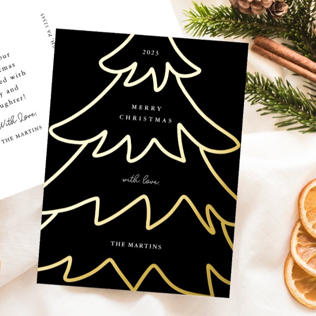 Minimal Black Gold Christmas Tree Foil Holiday Postcard (Creator Uploaded)