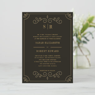 Minimal Black Gold Frame Borders Rehearsal Dinner Invitation