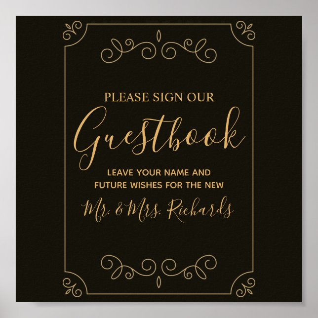 Minimal Black Gold Frame Borders Wedding Guestbook (Front)