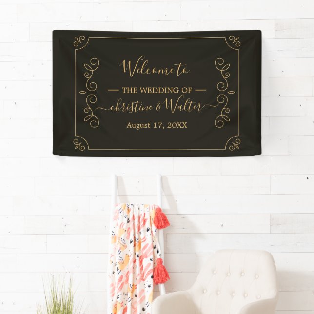 Minimal Black Gold Frame Borders Wedding Party Banner (Insitu)