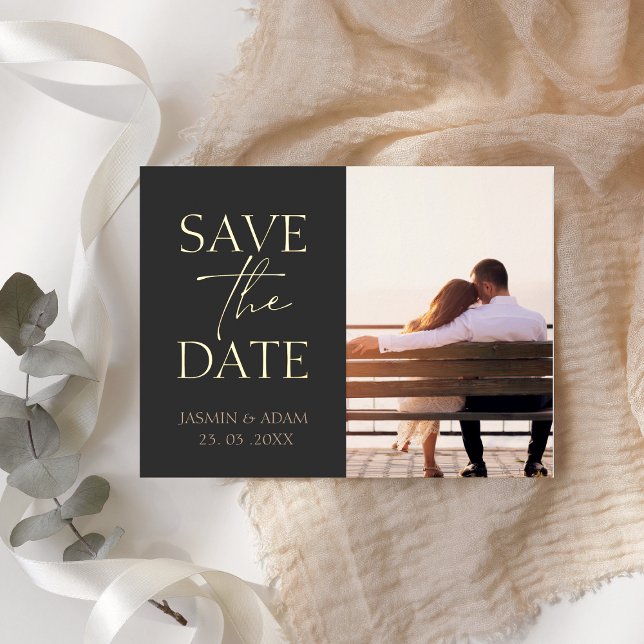 Minimal Black Gold Photo Wedding Save the Date Foil Holiday Postcard (Creator Uploaded)