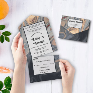Minimal Black Grey Terracotta Abstract Art Wedding All In One Invitation
