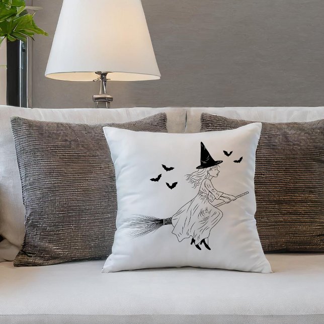 Minimal Black Line Art Of Witch And Bats Halloween Cushion (Disclaimer: This image is a digital mockup.)