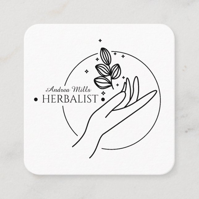 Minimal Black Line Simple Modern Herbalist Logo Square Business Card (Front)
