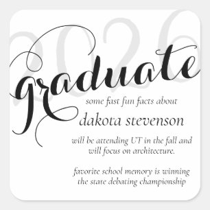 Minimal Black Modern Script Graduation Fun Facts Square Sticker