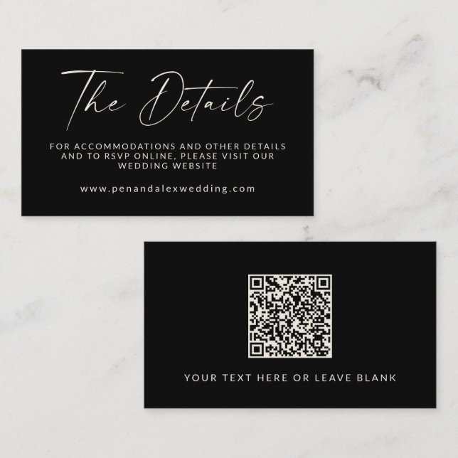 Minimal Black Modern Script Wedding QR Code Detail Enclosure Card (Front/Back)