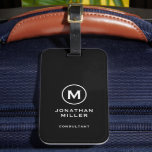 Minimal Black Modern Typographic Monogram Luggage Tag<br><div class="desc">A minimalist vertical design in modern style with a black and white monogram emblem with large typographic initial monogram on a rich black background. The text can easily be customised using the fields provided.</div>