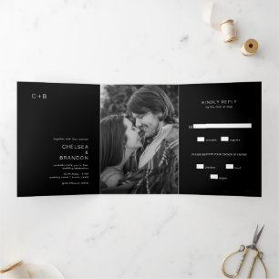 Minimal Black Monogram Photo Modern Wedding Tri-Fold Invitation