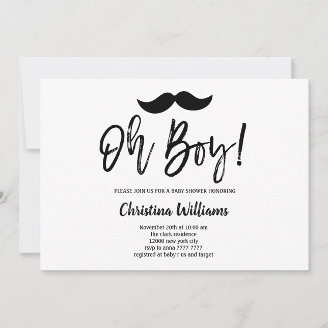 Minimal Black Moustache Oh Boy Baby Shower Invitation (Front)