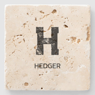 MINIMAL BLACK ONE LETTER MONOGRAM NAME TRAVERTINE STONE COASTER