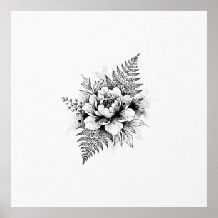 Minimal Black Peony Fern Botanical Sketch Poster