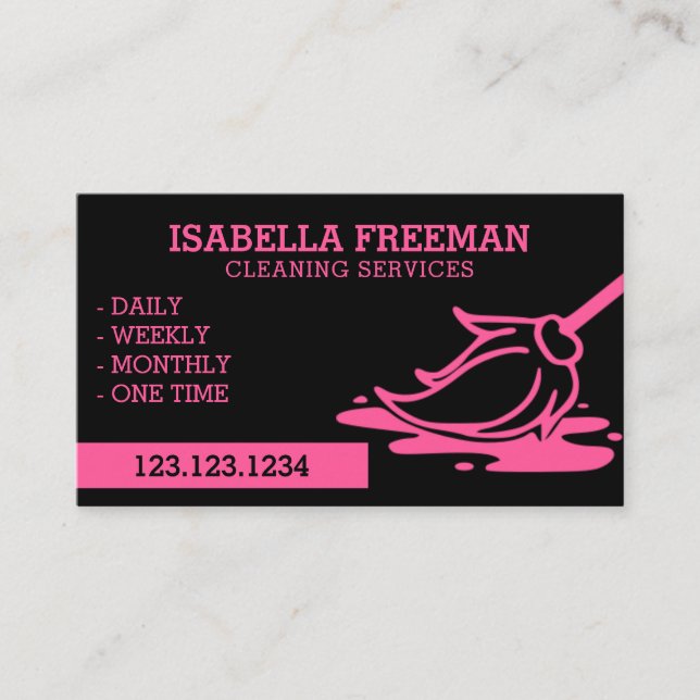 Minimal Black & Pink Maid House Cleaning Service Business Card (Front)