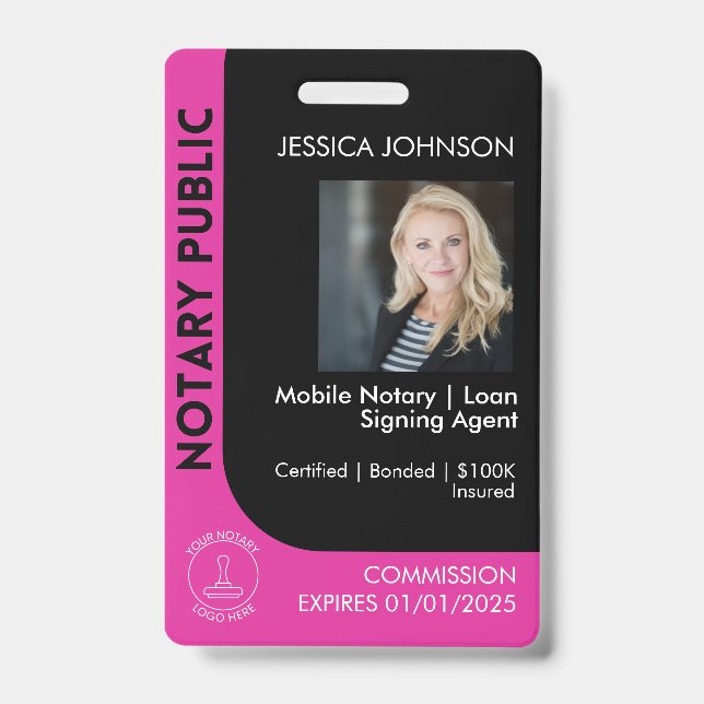 Minimal Black & Pink Notary Logo Photo QR Badge ID Badge (Front)