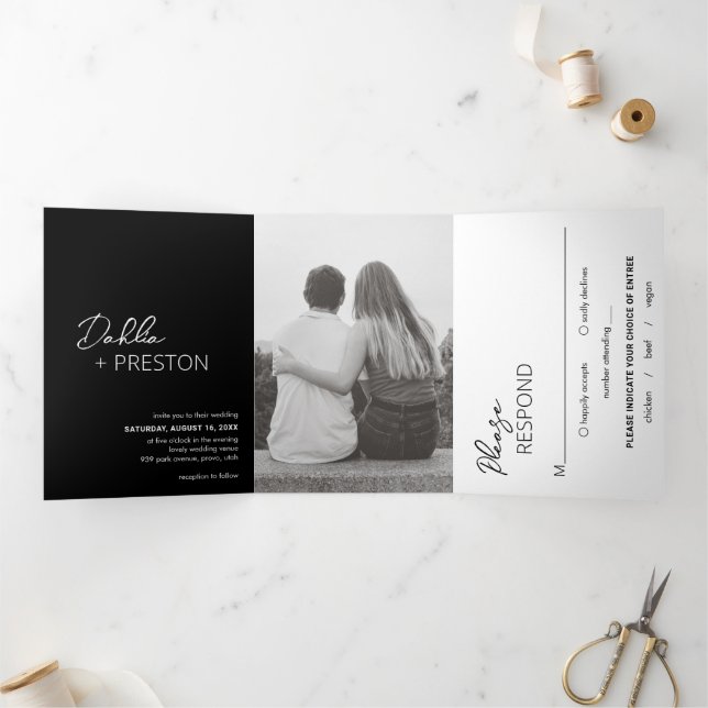 Minimal Black QR Code Modern Wedding Tri-Fold Invitation (Inside)