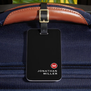 Minimal Black Red Classic Monogrammed Luggage Tag