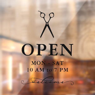 Minimal Black Scissors Welcome Open Hours Window Cling