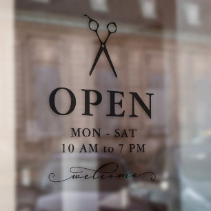 Minimal Black Scissors Welcome Open Hours Window Cling