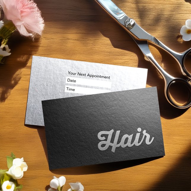 Minimal Black & Silver Embossed Text Hair Stylist Appointment Card (Creator Uploaded)