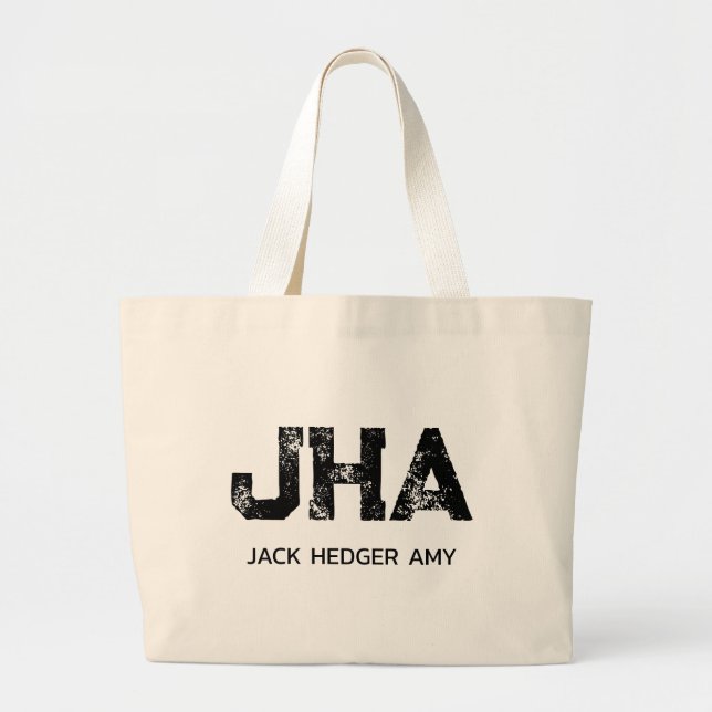 MINIMAL BLACK THREE LETTER MONOGRAM NAME NATURAL LARGE TOTE BAG (Front)
