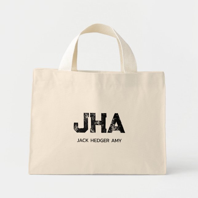 MINIMAL BLACK THREE LETTER MONOGRAM NAME NATURAL MINI TOTE BAG (Front)