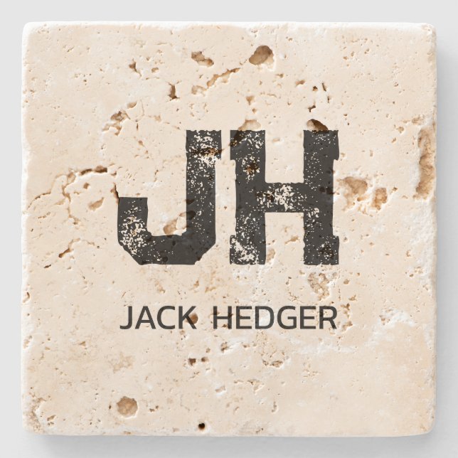 MINIMAL BLACK TWO LETTER MONOGRAM NAME TRAVERTINE STONE COASTER (Front)