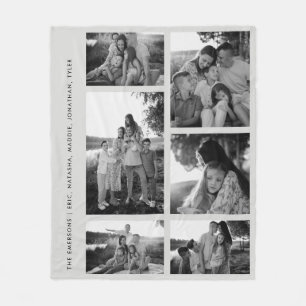 Minimal Black & White 6 Photo Collage Family Names Fleece Blanket