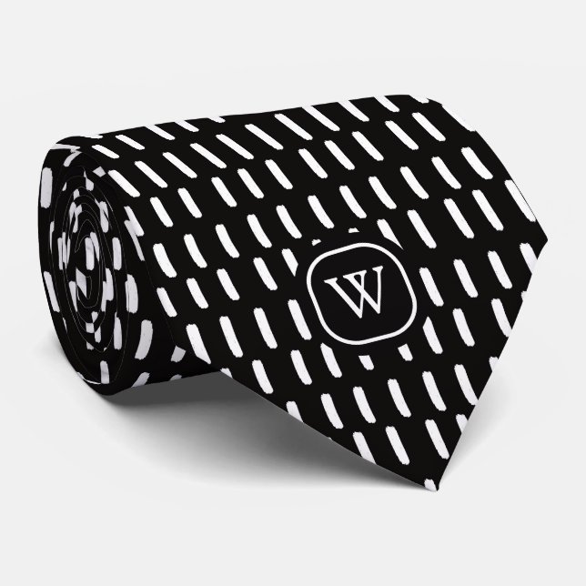 Minimal Black White Brush Strokes Monogram Initial Tie (Rolled)