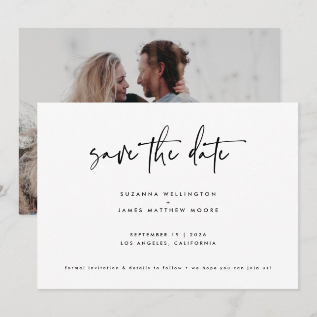 Minimal Black White Calligraphy Wedding One Photo Save The Date (Front/Back)