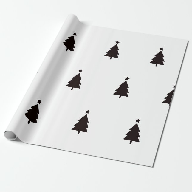 Minimal Black White Christmas Trees Stars Pattern Wrapping Paper (Unrolled)