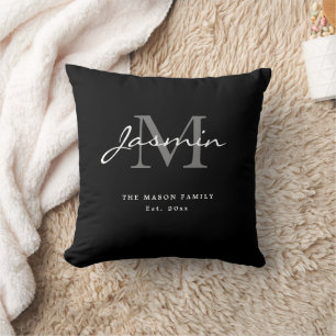 Minimal Black White Family Monogram Elegant Script Cushion