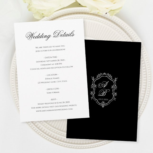 Minimal Black White Floral Monogram Crest Wedding Enclosure Card (Creator Uploaded)