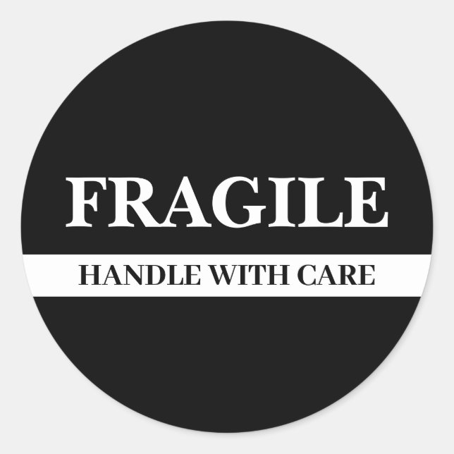 Minimal Black & White Fragile Label Round Sticker (Front)