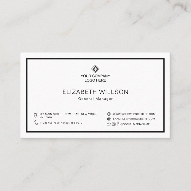 Minimal Black & White Frame Business Logo QR Code Card (Front)