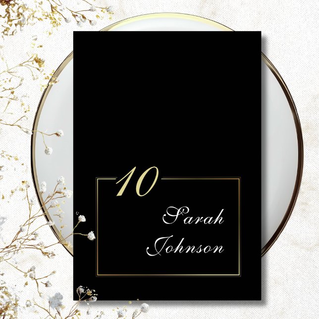 Minimal Black White Gold Border Elegant Script Table Number (Creator Uploaded)
