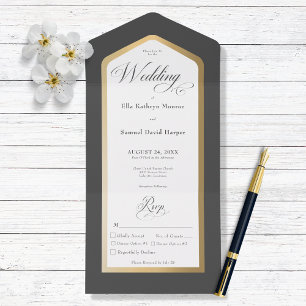 Minimal Black & White Gold Modern Dinner All In One Invitation