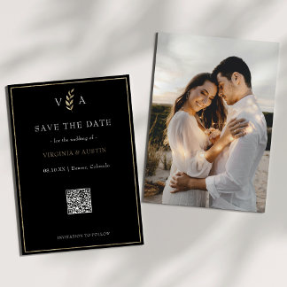 Minimal Black White & Gold QR Code Wedding  Save The Date