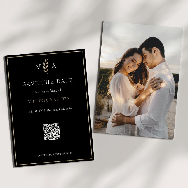 Minimal Black White & Gold QR Code Wedding  Save The Date (Minimal and Chic Black White & Gold Photo Back and QR Code Wedding Save The Date)