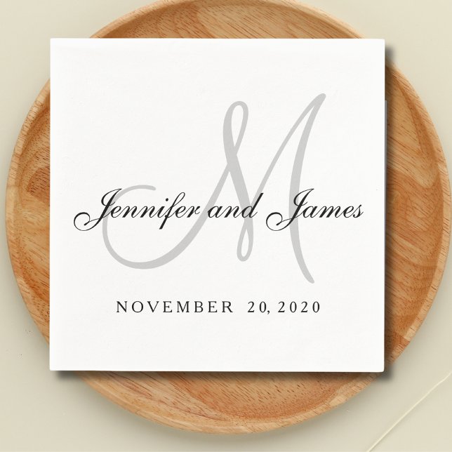 Minimal Black White Grey Monogram Script Wedding Napkin (Creator Uploaded)
