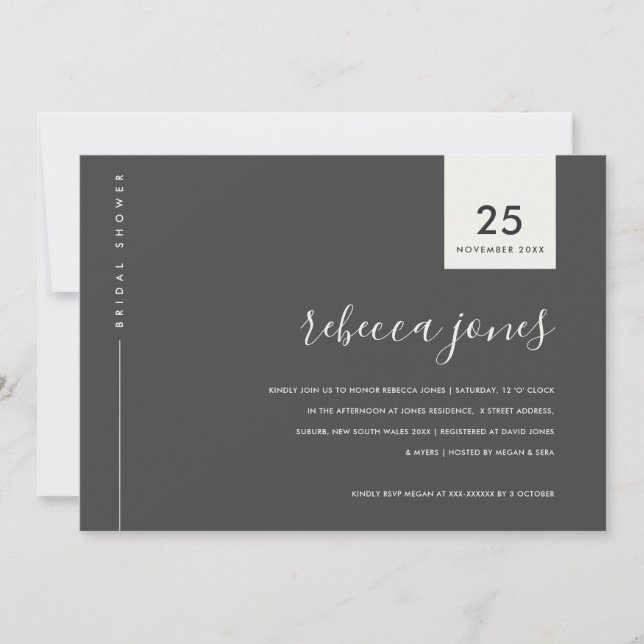 MINIMAL BLACK WHITE GREY TYPOGRAPHY BRIDAL SHOWER INVITATION (Front)