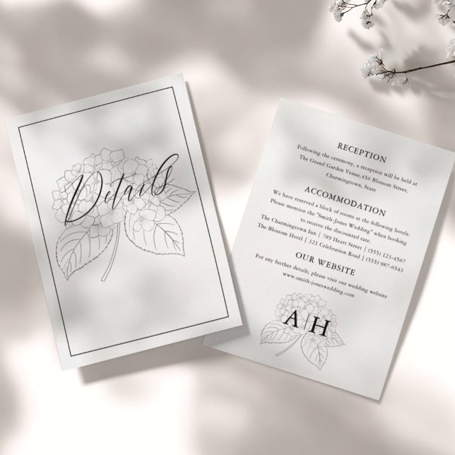 Minimal Black & White Hydrangea Wedding Details  Enclosure Card (Creator Uploaded)