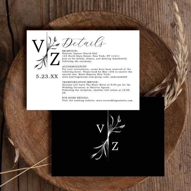 Minimal Black White Leaf Monogram Wedding Details Enclosure Card (Creator Uploaded)