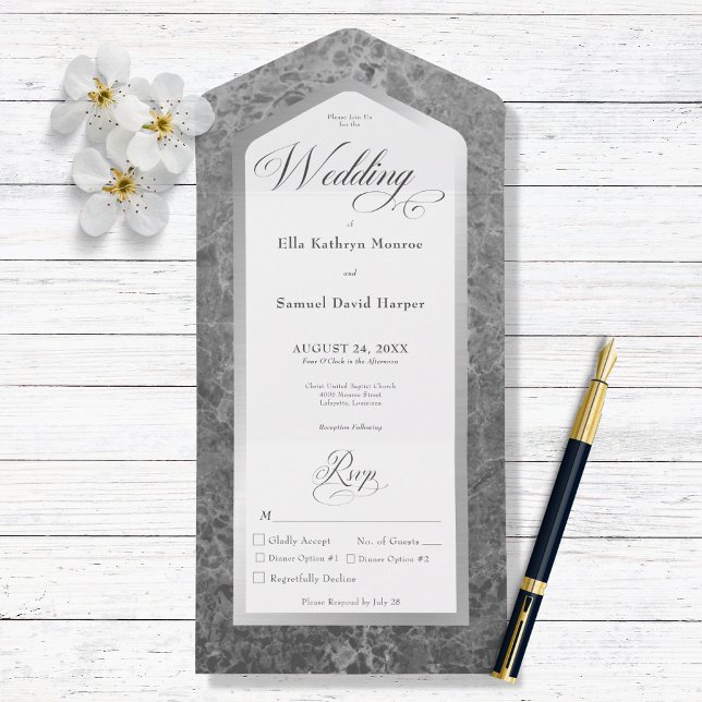 Minimal Black & White Marble Silver Modern Dinner All In One Invitation (Creator Uploaded)